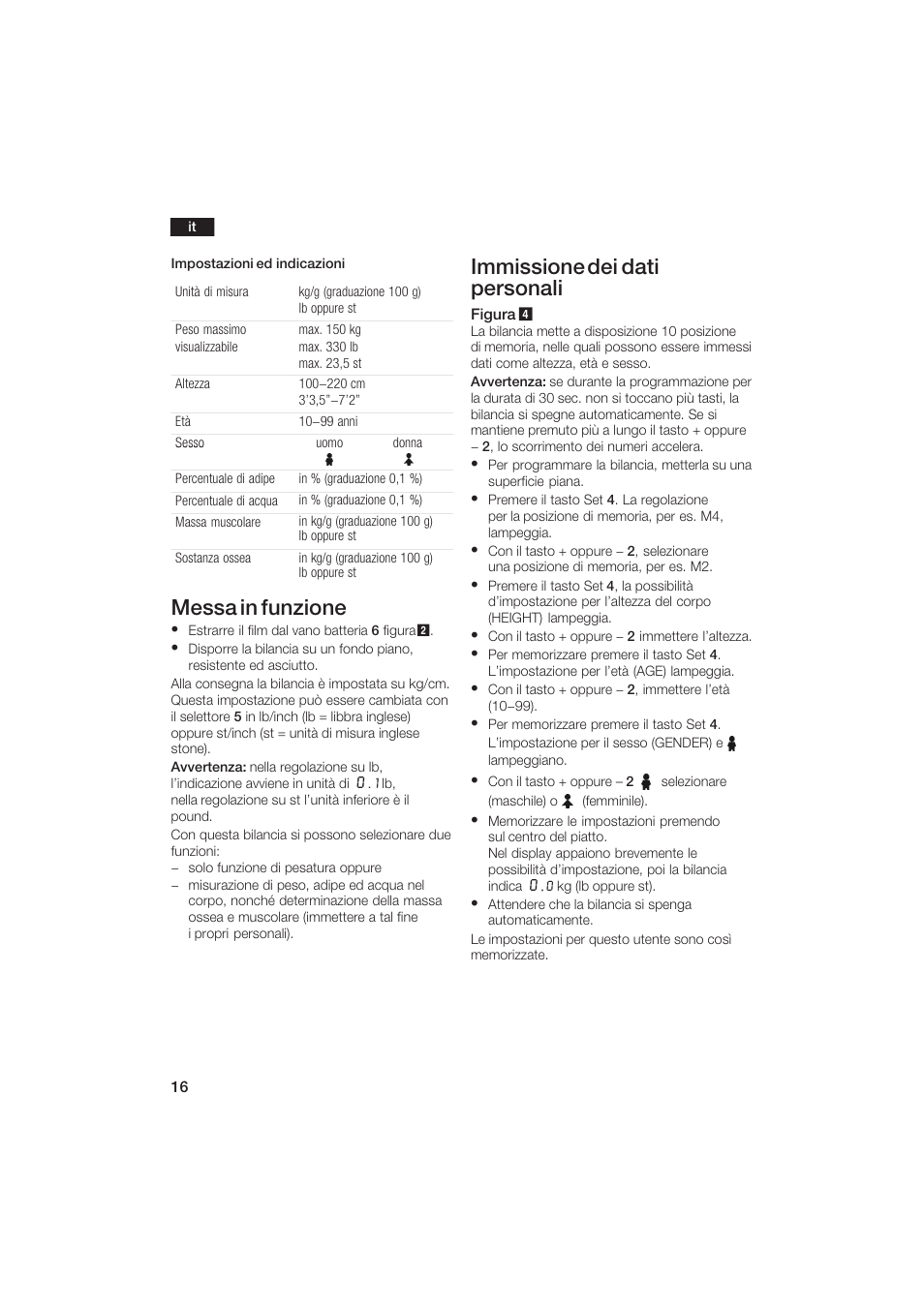 Messa in funzione, Immissione dei dati personali | Bosch PPW2250 Analysewaage elektronisch axxence classic sportlife User Manual | Page 16 / 85