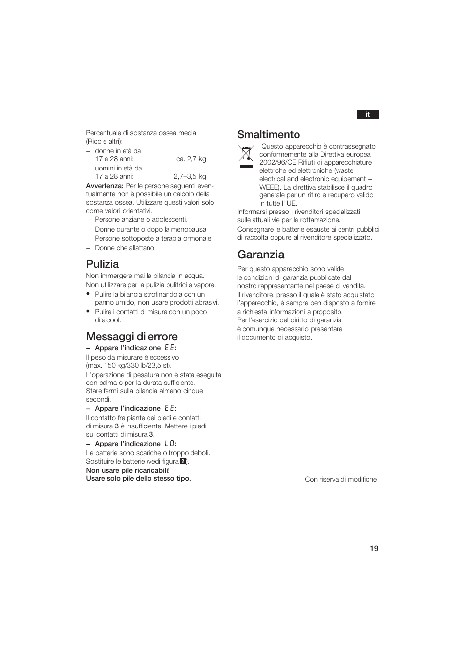 Garanzia, Pulizia, Messaggi di errore | Smaltimento | Bosch PPW2250 Analysewaage elektronisch axxence classic sportlife User Manual | Page 19 / 85