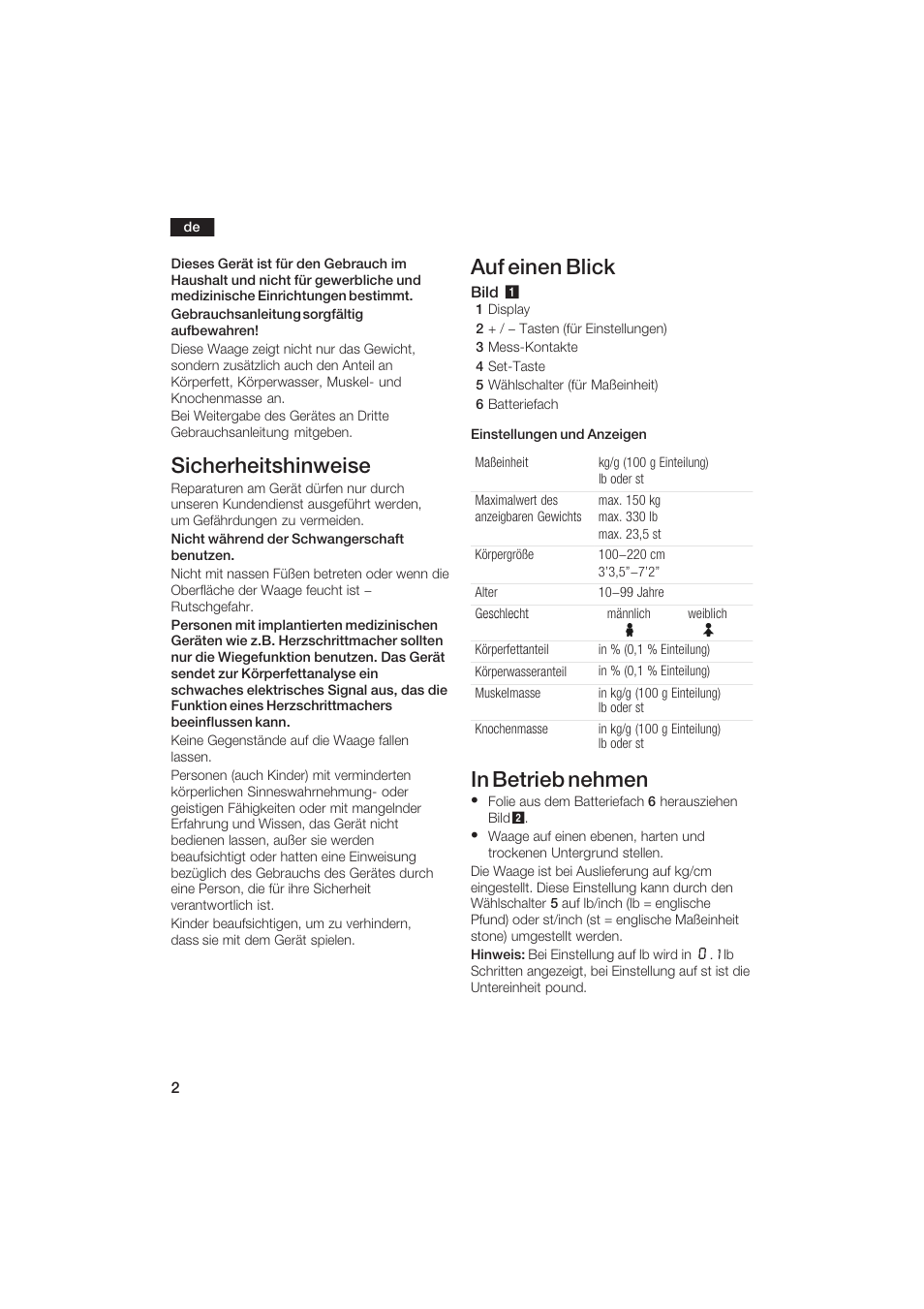 Sicherheitshinweise, Auf einen blick | Bosch PPW2250 Analysewaage elektronisch axxence classic sportlife User Manual | Page 2 / 85