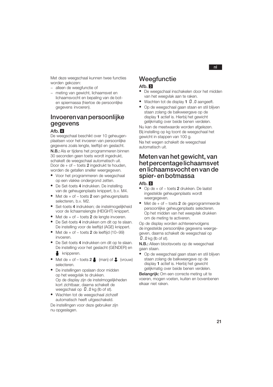 Invoeren van persoonlijke gegevens, Weegfunctie | Bosch PPW2250 Analysewaage elektronisch axxence classic sportlife User Manual | Page 21 / 85