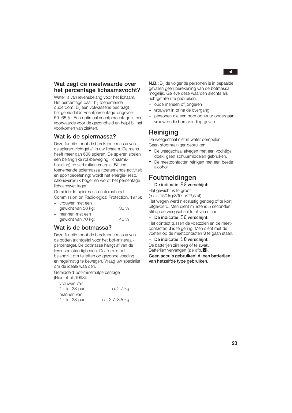 Reiniging, Foutmeldingen, Wat is de spiermassa | Wat is de botmassa | Bosch PPW2250 Analysewaage elektronisch axxence classic sportlife User Manual | Page 23 / 85