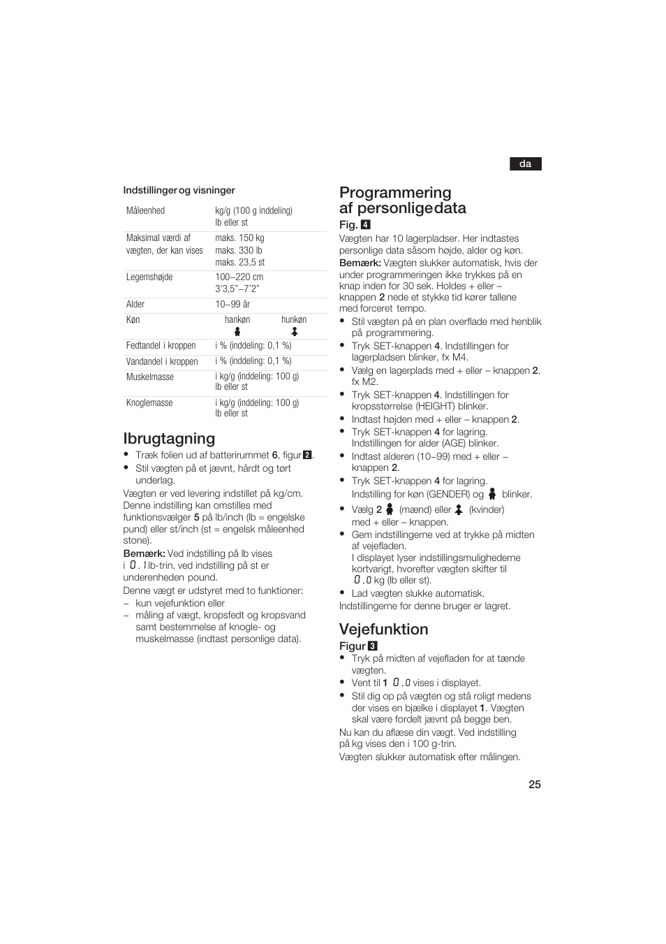 Ibrugtagning, Programmering af personlige data, Vejefunktion | Bosch PPW2250 Analysewaage elektronisch axxence classic sportlife User Manual | Page 25 / 85