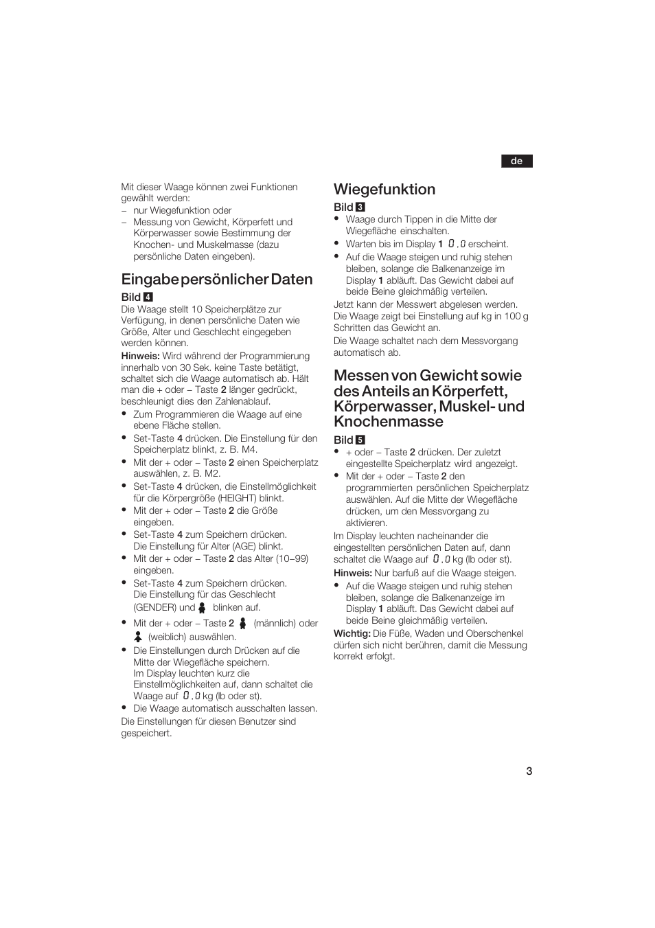 Eingabe persönlicher daten, Wiegefunktion | Bosch PPW2250 Analysewaage elektronisch axxence classic sportlife User Manual | Page 3 / 85