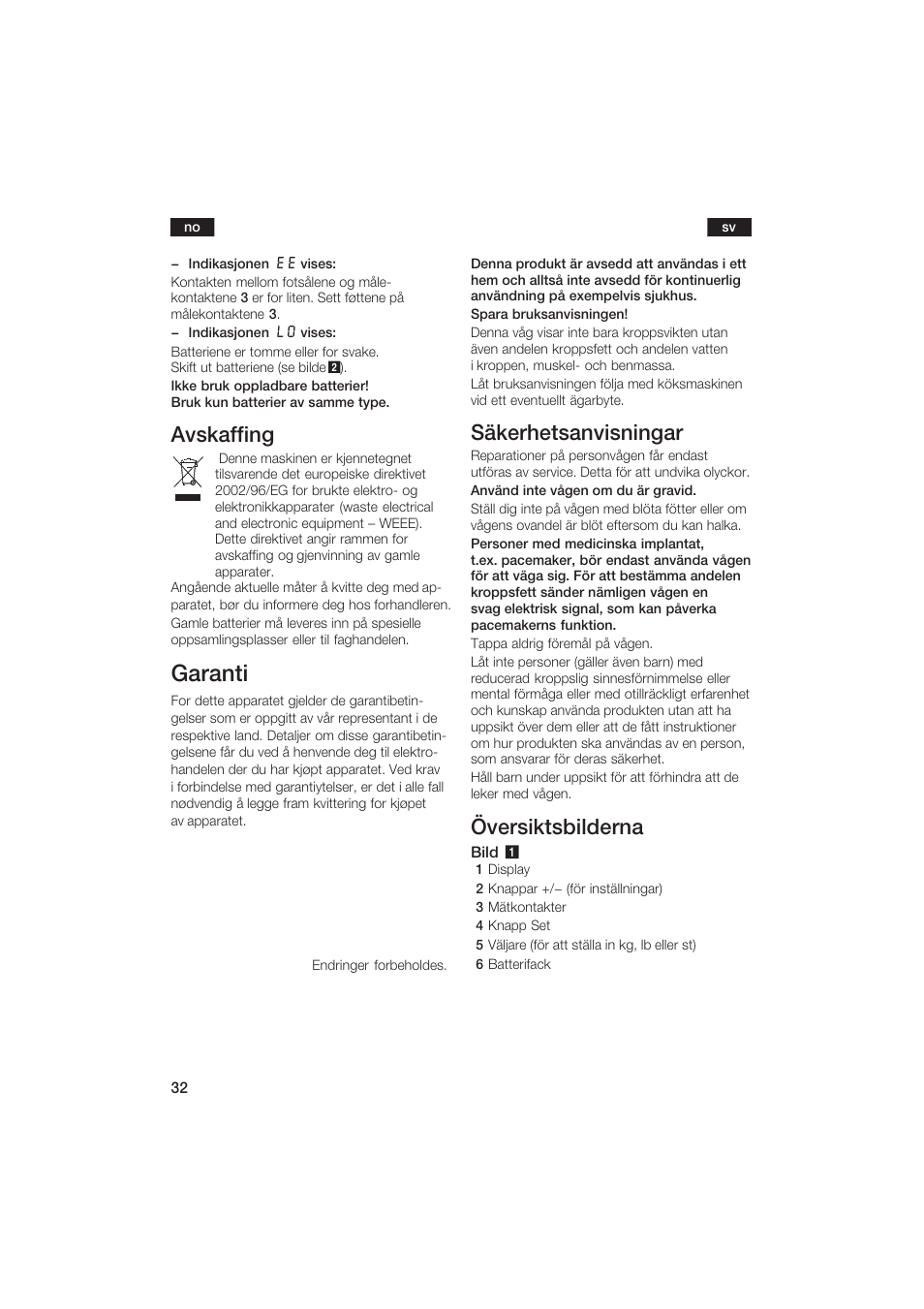 Garanti, Avskaffing, Säkerhetsanvisningar | Översiktsbilderna | Bosch PPW2250 Analysewaage elektronisch axxence classic sportlife User Manual | Page 32 / 85