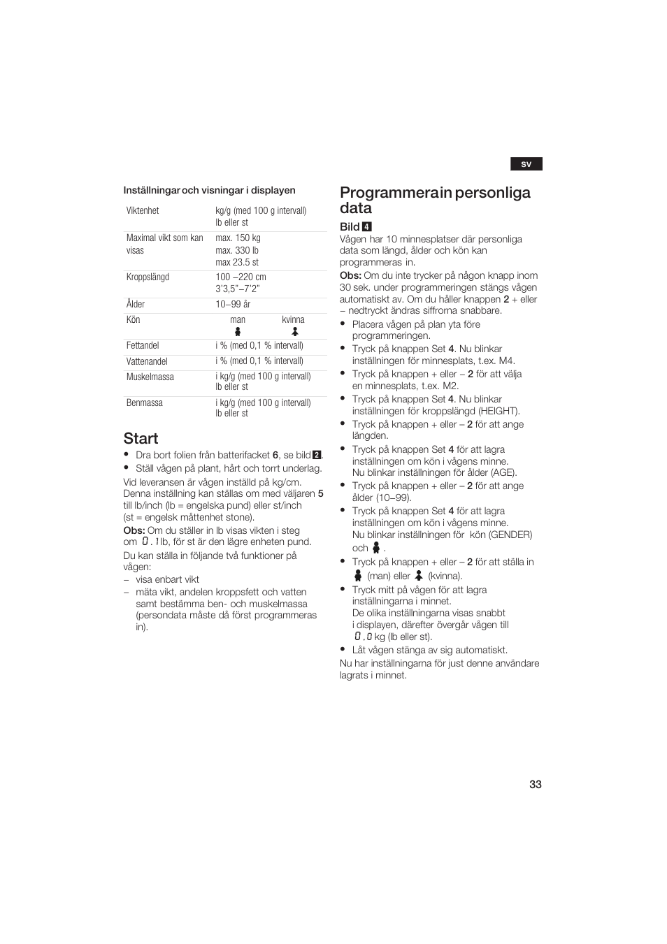 Start, Programmera in personliga data | Bosch PPW2250 Analysewaage elektronisch axxence classic sportlife User Manual | Page 33 / 85