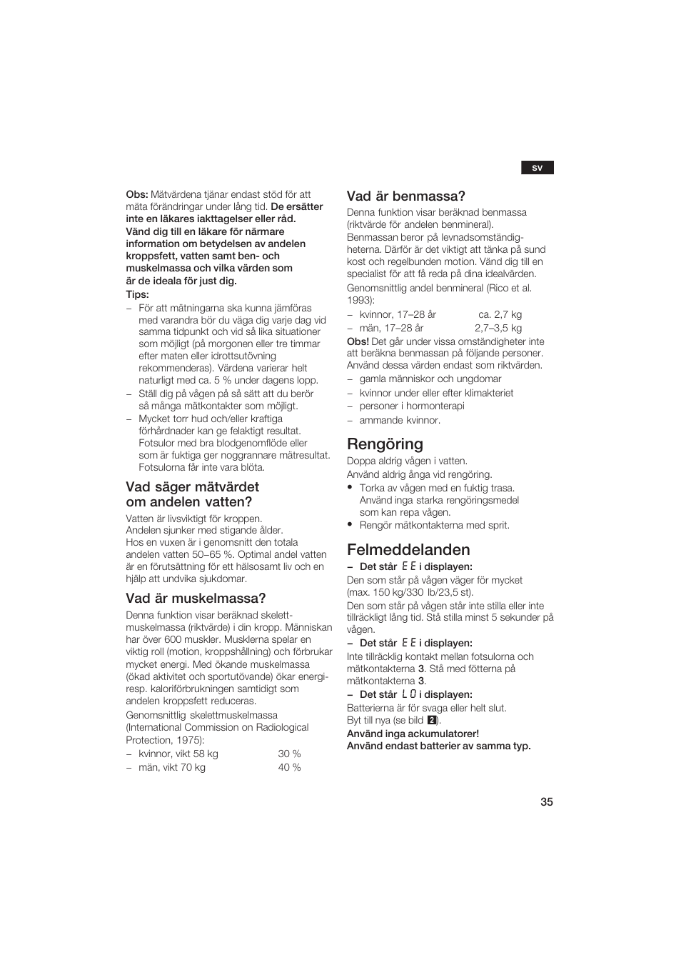 Rengöring, Felmeddelanden, Vad säger mätvärdet om andelen vatten | Vad är muskelmassa, Vad är benmassa | Bosch PPW2250 Analysewaage elektronisch axxence classic sportlife User Manual | Page 35 / 85