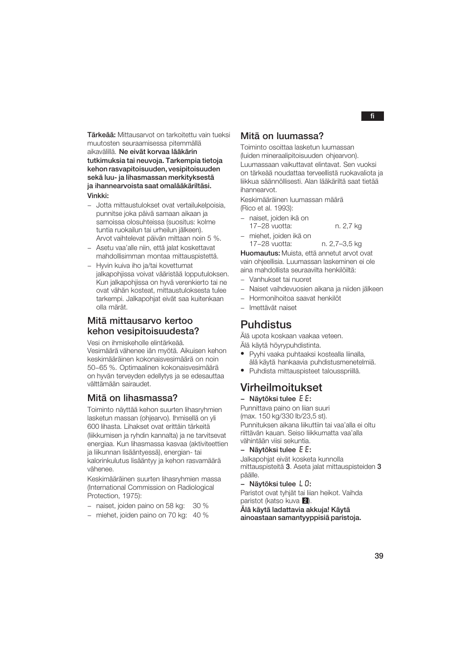 Puhdistus, Virheilmoitukset, Mitä mittausarvo kertoo kehon vesipitoisuudesta | Mitä on lihasmassa, Mitä on luumassa | Bosch PPW2250 Analysewaage elektronisch axxence classic sportlife User Manual | Page 39 / 85