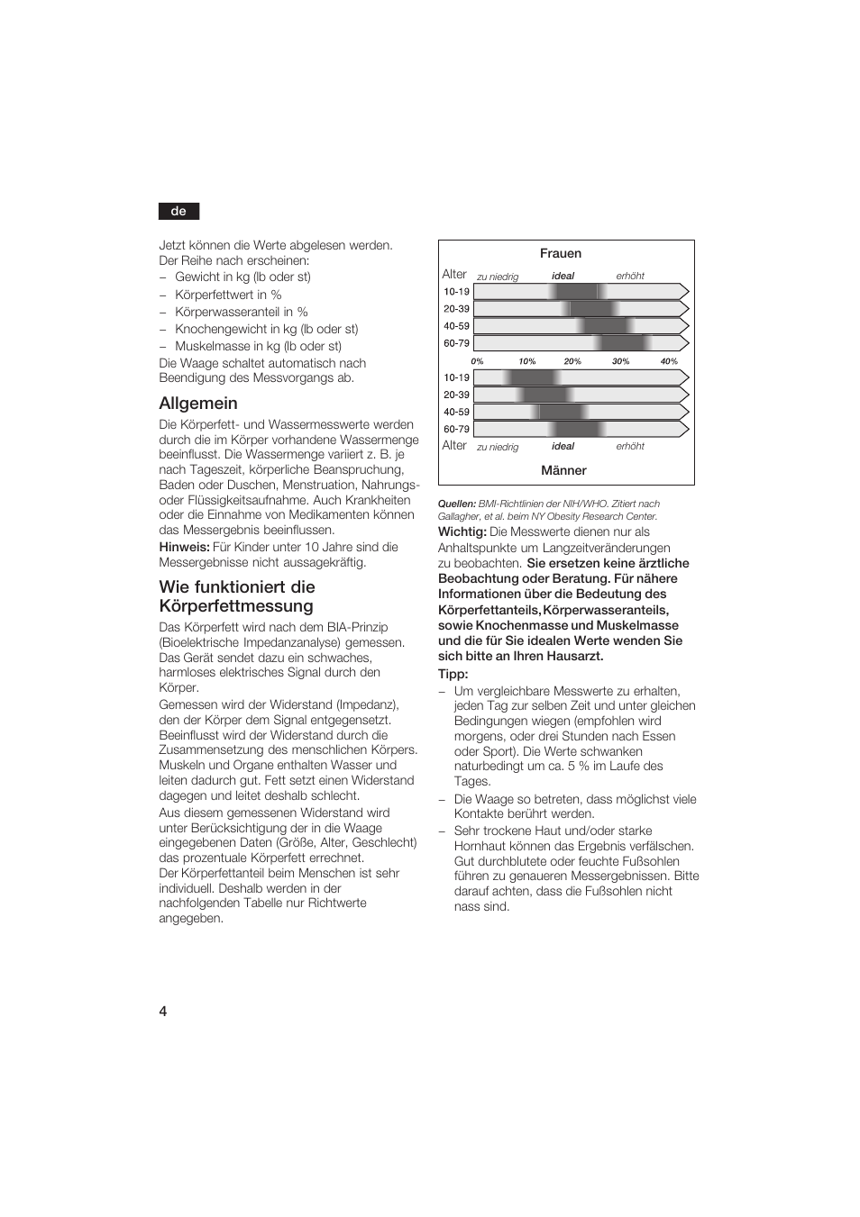 Allgemein, Wie funktioniert die körperfettmessung | Bosch PPW2250 Analysewaage elektronisch axxence classic sportlife User Manual | Page 4 / 85