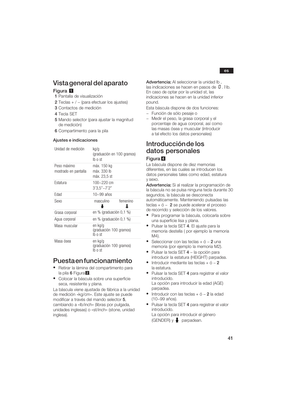 Vista general del aparato, Puesta en funcionamiento, Introducción de los datos personales | Bosch PPW2250 Analysewaage elektronisch axxence classic sportlife User Manual | Page 41 / 85