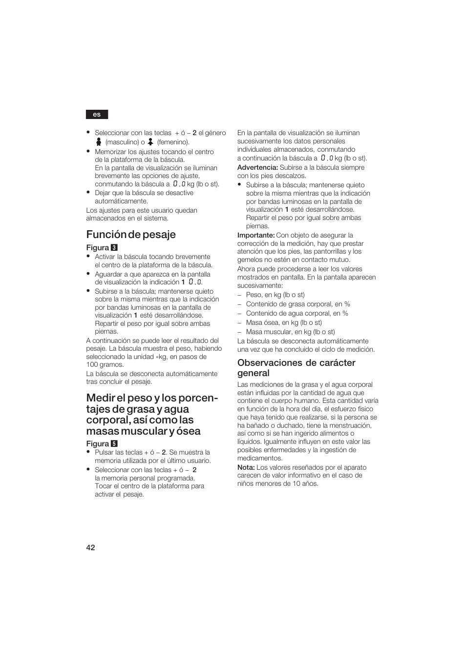 Función de pesaje, Observaciones de carácter general | Bosch PPW2250 Analysewaage elektronisch axxence classic sportlife User Manual | Page 42 / 85