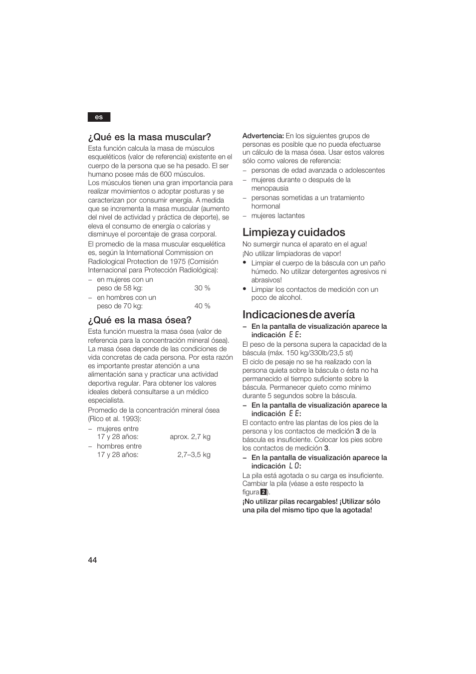 Limpieza y cuidados, Indicaciones de avería, Qué es la masa muscular | Qué es la masa ósea | Bosch PPW2250 Analysewaage elektronisch axxence classic sportlife User Manual | Page 44 / 85