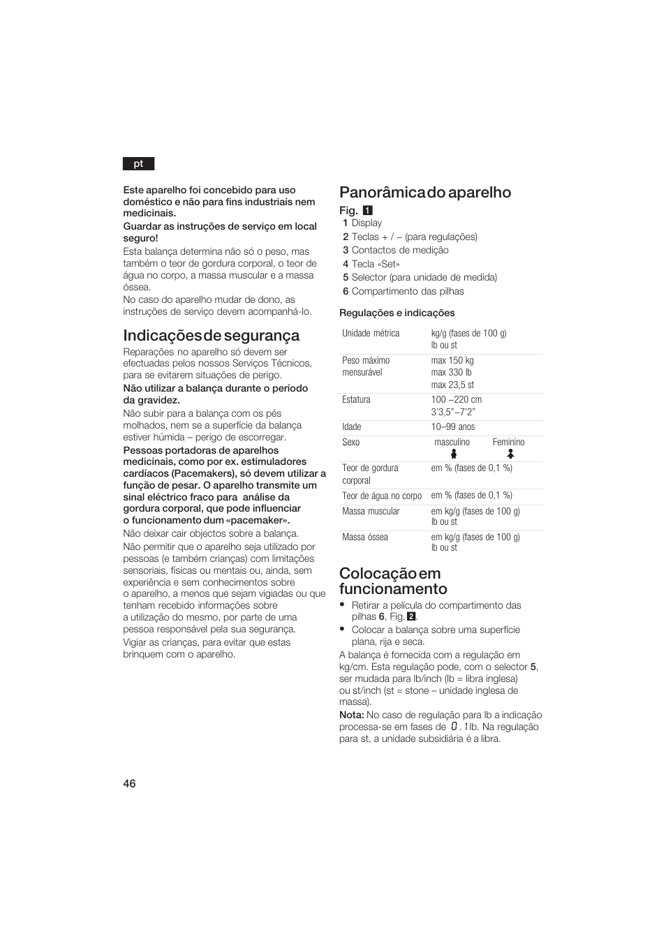 Indicações de segurança, Panorâmica do aparelho, Colocação em funcionamento | Bosch PPW2250 Analysewaage elektronisch axxence classic sportlife User Manual | Page 46 / 85