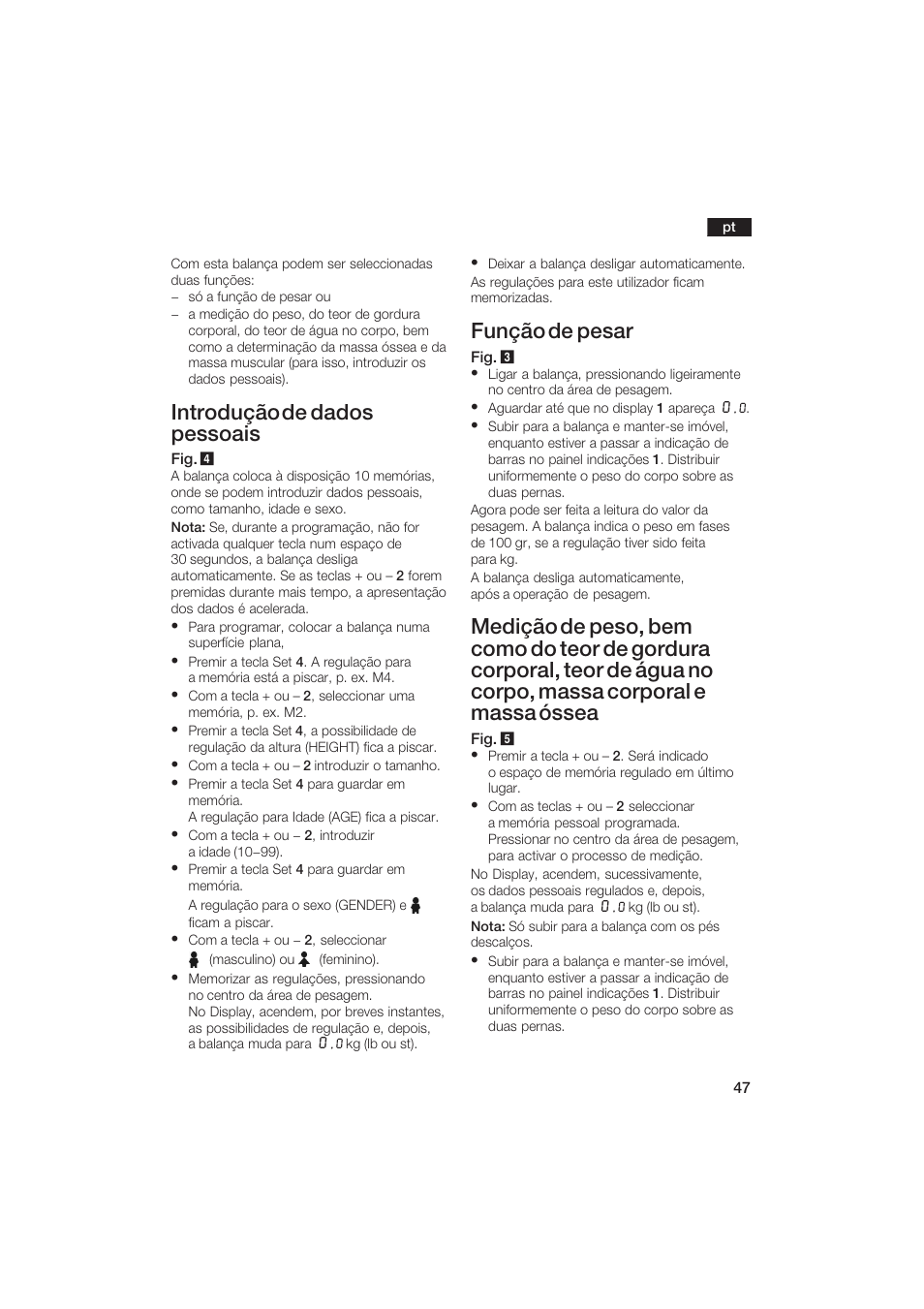 Introdução de dados pessoais, Função de pesar | Bosch PPW2250 Analysewaage elektronisch axxence classic sportlife User Manual | Page 47 / 85