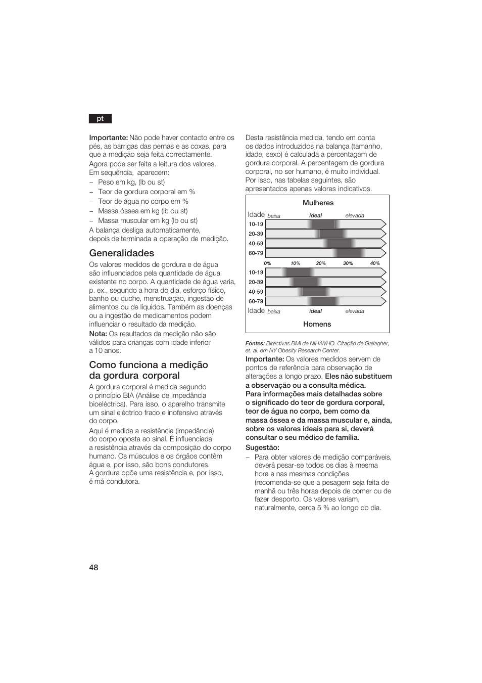 Generalidades, Como funciona a medição da gordura corporal | Bosch PPW2250 Analysewaage elektronisch axxence classic sportlife User Manual | Page 48 / 85