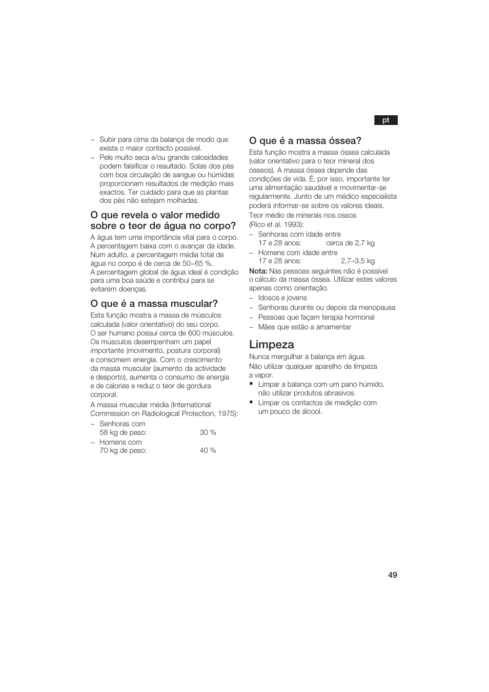 Limpeza, O que é a massa muscular, O que é a massa óssea | Bosch PPW2250 Analysewaage elektronisch axxence classic sportlife User Manual | Page 49 / 85