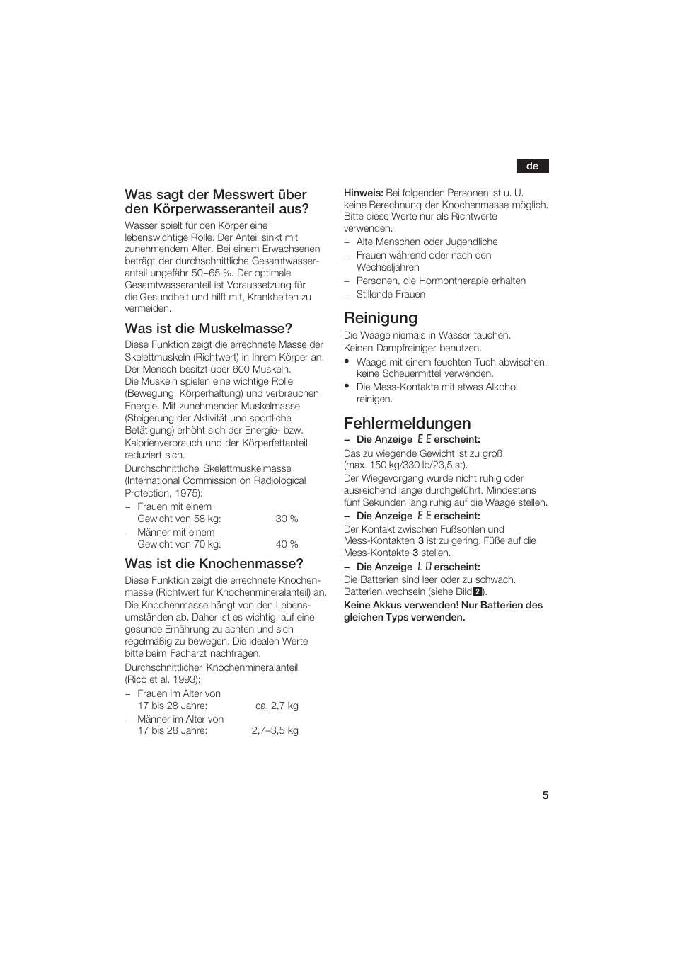 Reinigung, Fehlermeldungen, Was ist die muskelmasse | Was ist die knochenmasse | Bosch PPW2250 Analysewaage elektronisch axxence classic sportlife User Manual | Page 5 / 85