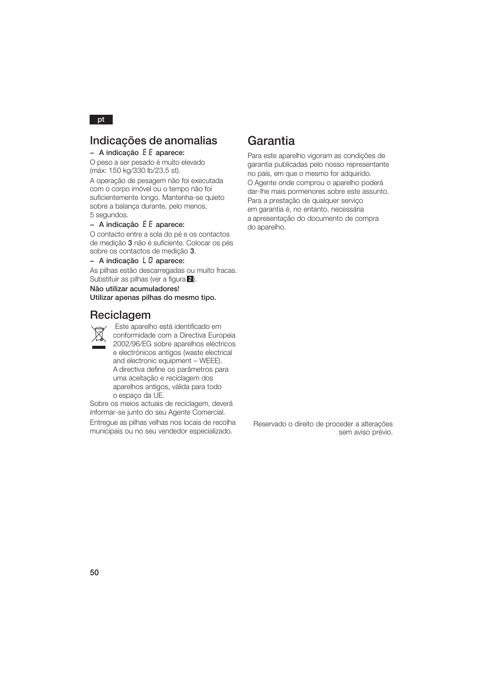 Garantia, Indicações de anomalias, Reciclagem | Bosch PPW2250 Analysewaage elektronisch axxence classic sportlife User Manual | Page 50 / 85