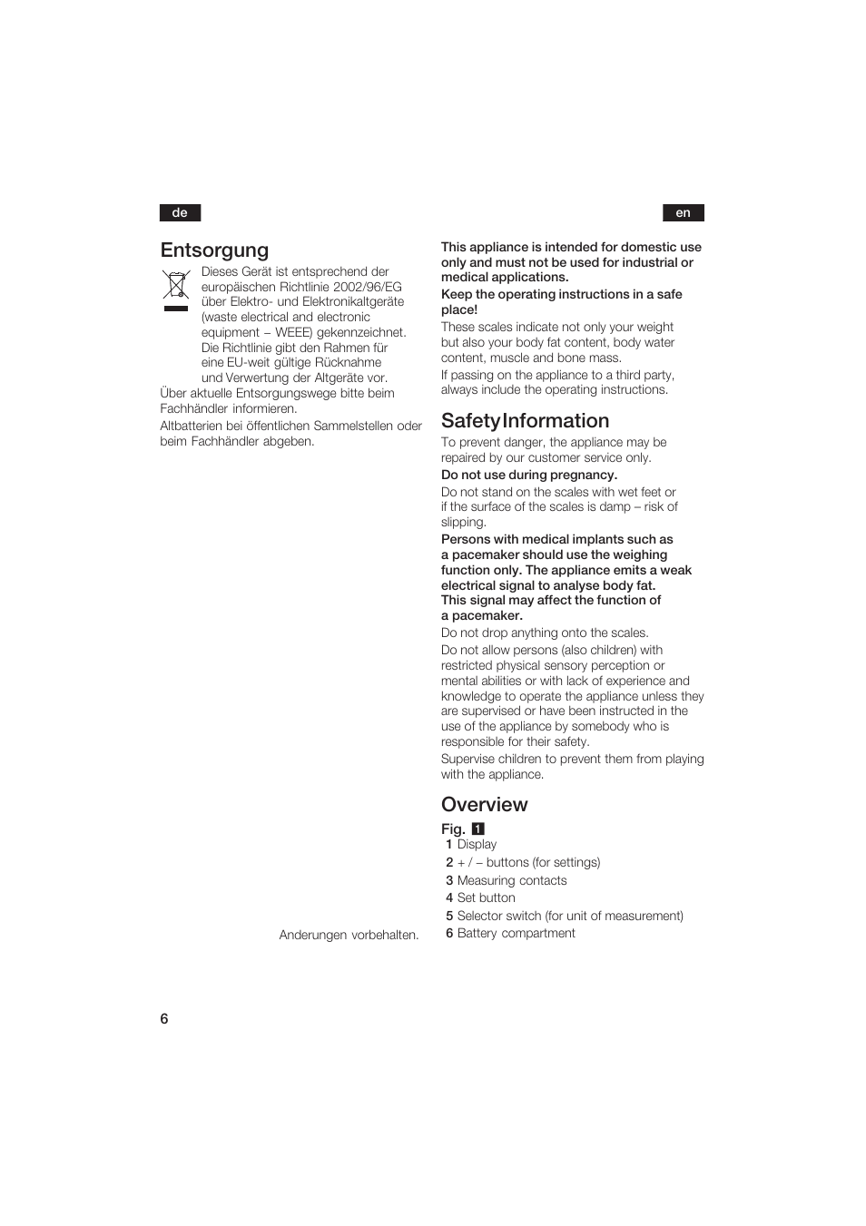 Entsorgung, Safety information, Overview | Bosch PPW2250 Analysewaage elektronisch axxence classic sportlife User Manual | Page 6 / 85