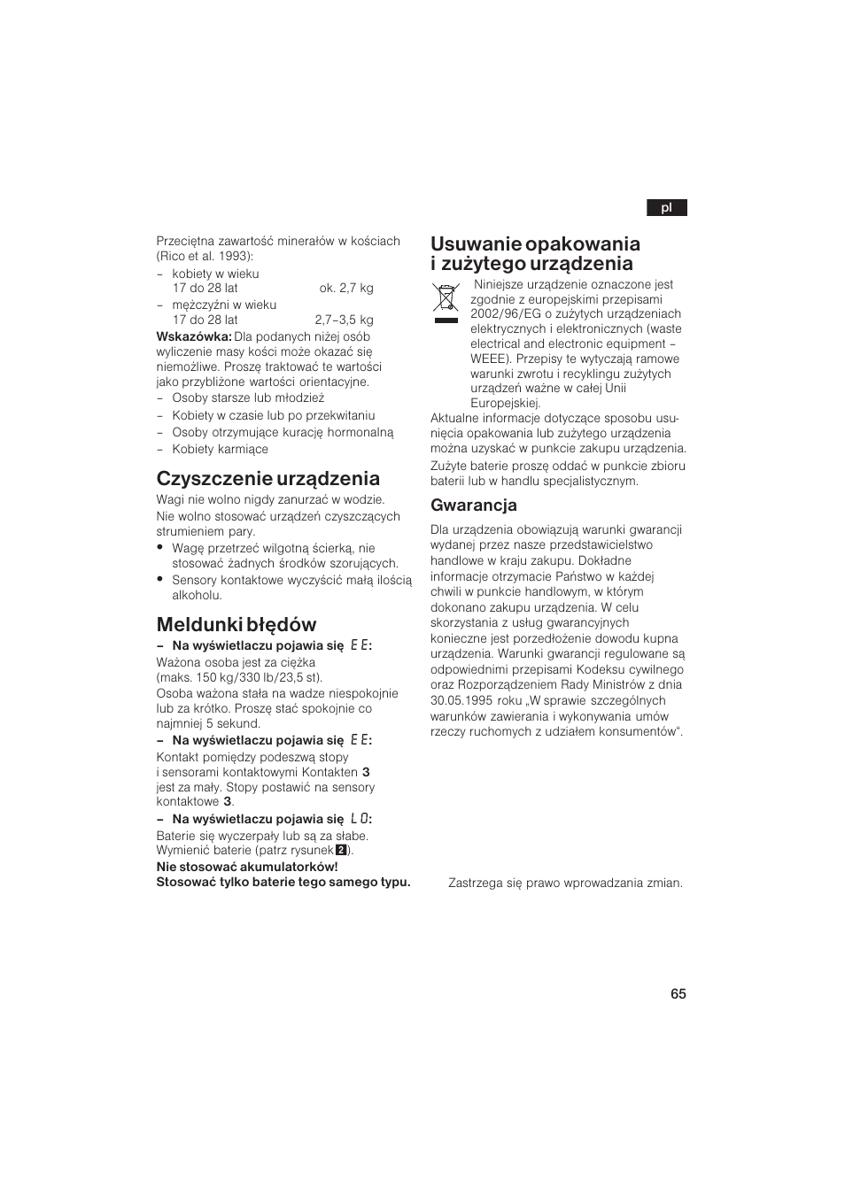 Czyszczenie urz¹dzenia, Meldunki b³êdów, Usuwanie opakowania i zu¿ytego urz¹dzenia | Gwarancja | Bosch PPW2250 Analysewaage elektronisch axxence classic sportlife User Manual | Page 65 / 85