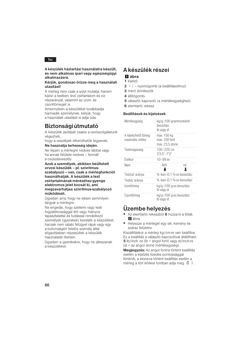 Biztonsági útmutató, A készülék részei, Üzembe helyezés | Bosch PPW2250 Analysewaage elektronisch axxence classic sportlife User Manual | Page 66 / 85