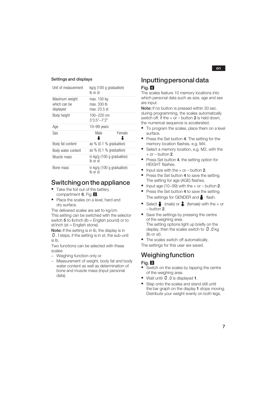 Switching on the appliance, Inputting personal data, Weighing function | Bosch PPW2250 Analysewaage elektronisch axxence classic sportlife User Manual | Page 7 / 85