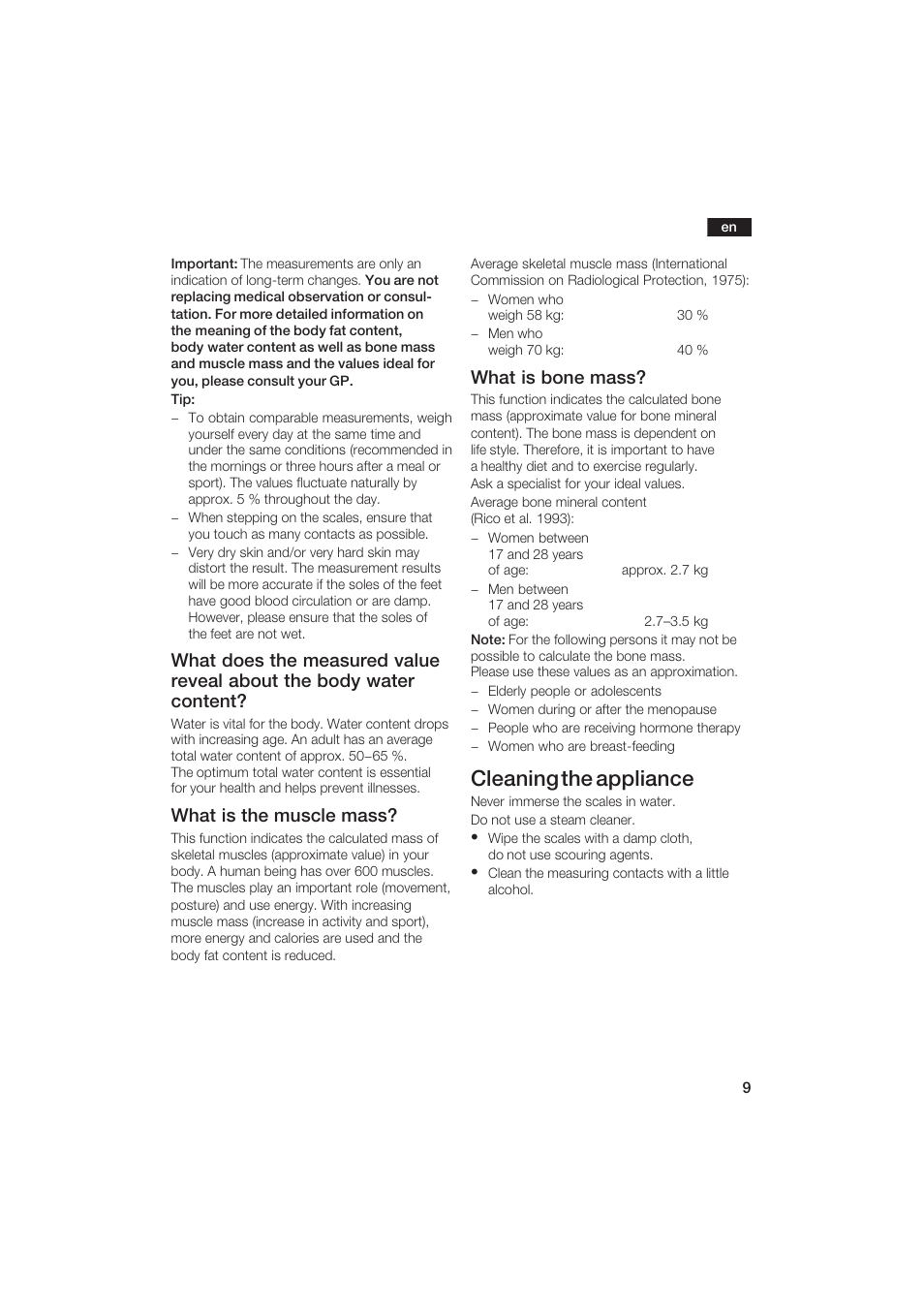 Cleaning the appliance, What is the muscle mass, What is bone mass | Bosch PPW2250 Analysewaage elektronisch axxence classic sportlife User Manual | Page 9 / 85