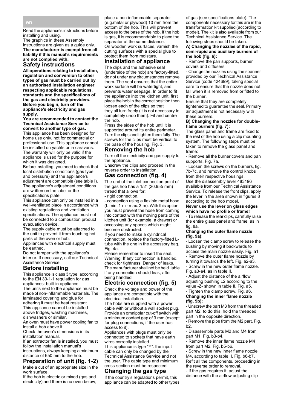 Safety instructions, Before installing, Preparation of unit (fig. 1-2) | Installation of appliance, Removing the hob, Gas connection (fig. 4), Electric connection (fig. 5), Changing the gas type | Bosch PRR726F71E Gas-Kochstelle Glaskeramik 70 cm User Manual | Page 6 / 20