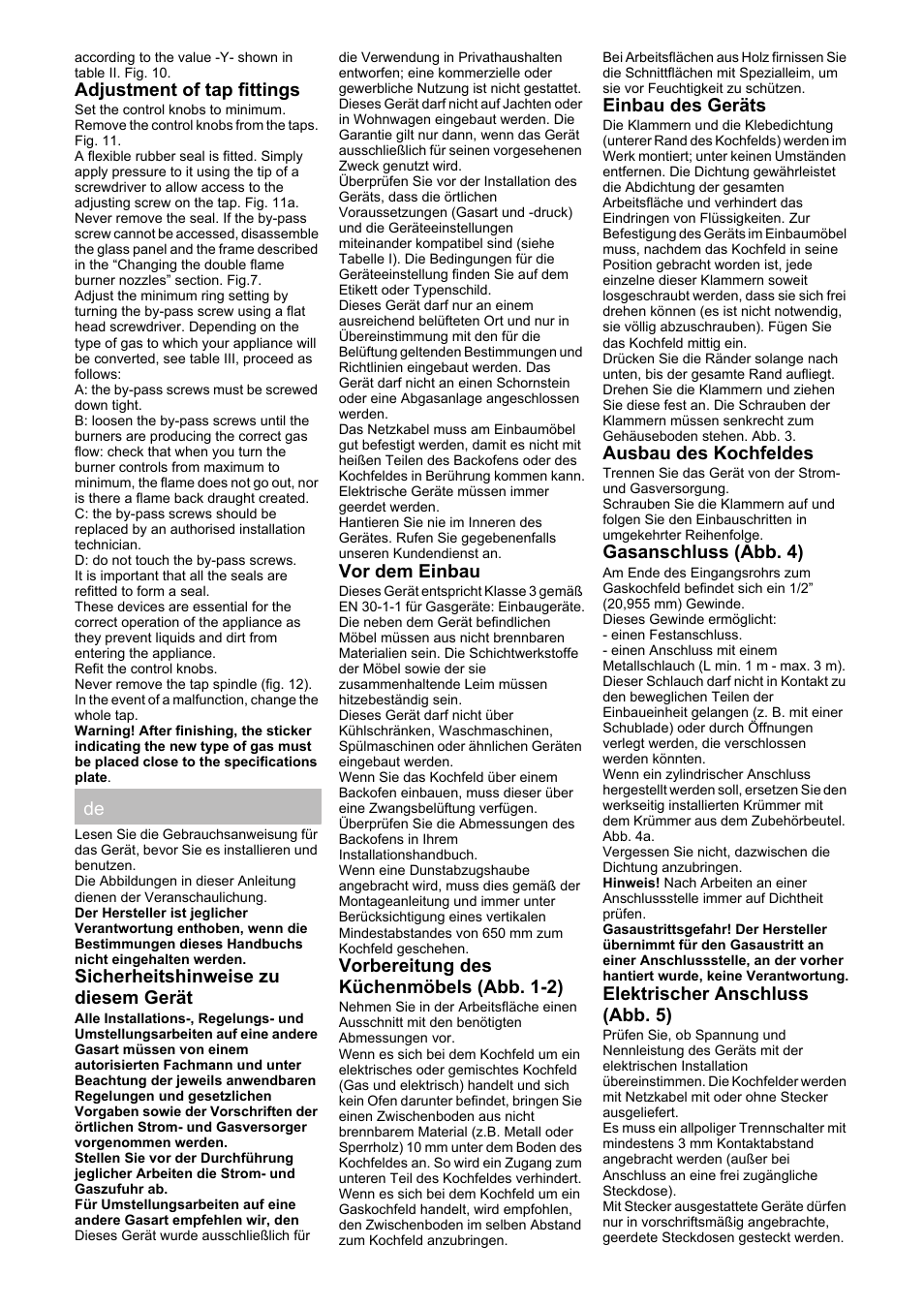 Adjustment of tap fittings, Sicherheitshinweise zu diesem gerät, Vor dem einbau | Vorbereitung des küchenmöbels (abb. 1-2), Einbau des geräts, Ausbau des kochfeldes, Gasanschluss (abb. 4), Elektrischer anschluss (abb. 5) | Bosch PRR726F71E Gas-Kochstelle Glaskeramik 70 cm User Manual | Page 7 / 20