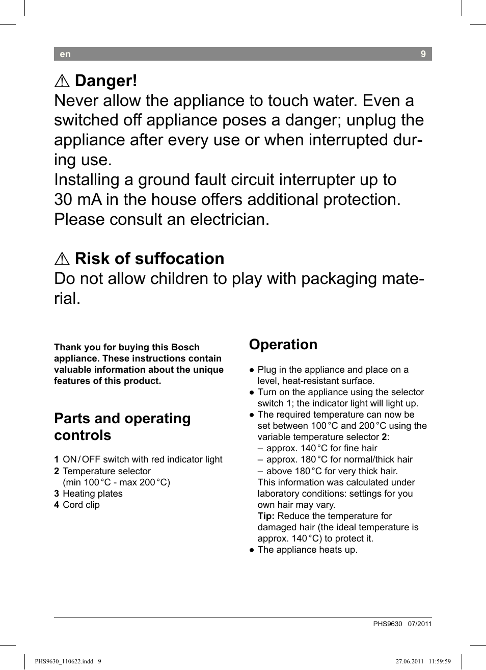 Parts and operating controls, Operation | Bosch PHS9630 Haarglätter ProSalon Curl Straight User Manual | Page 13 / 104