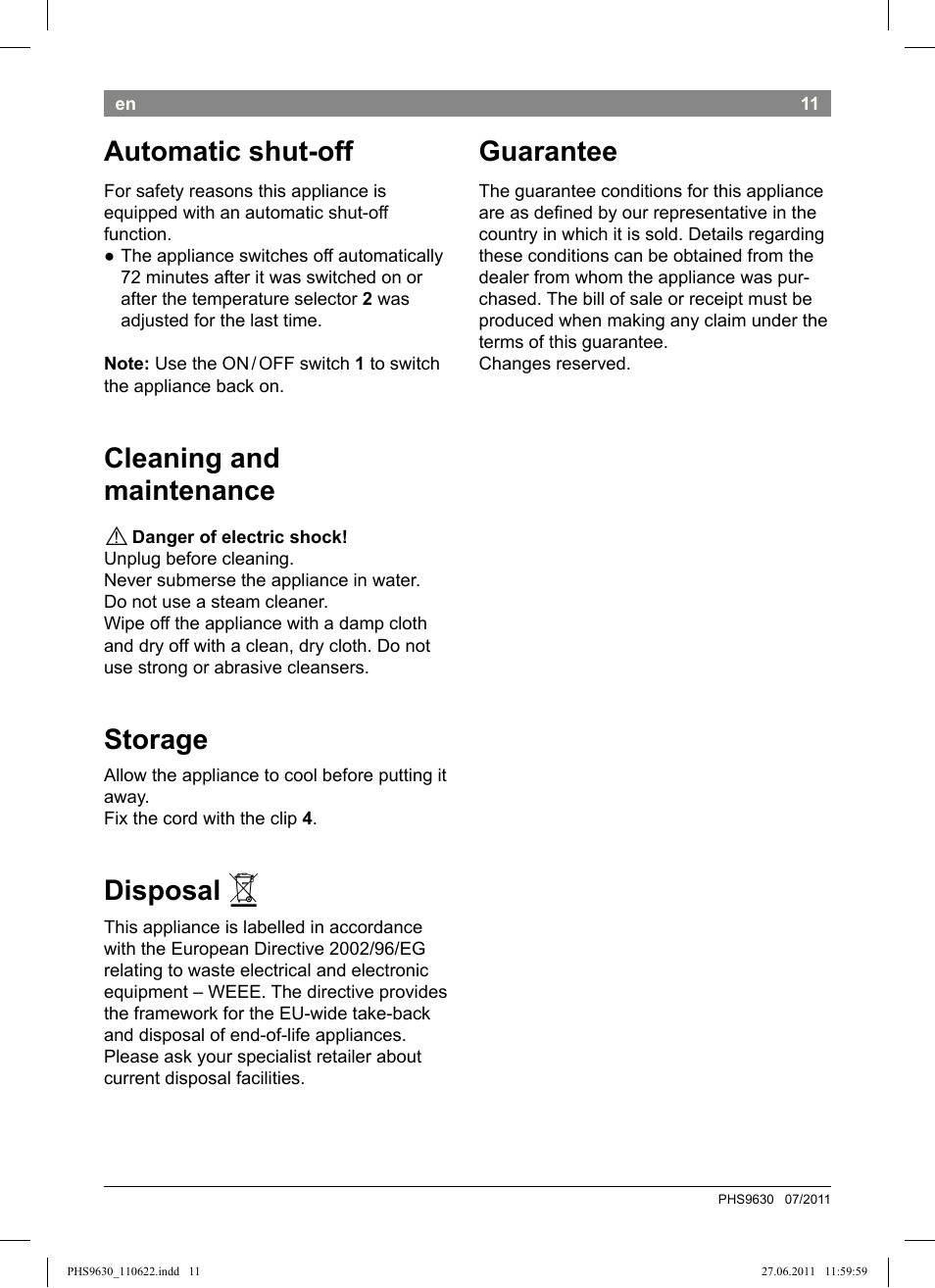 Automatic shut-off, Cleaning and maintenance, Storage | Disposal, Guarantee | Bosch PHS9630 Haarglätter ProSalon Curl Straight User Manual | Page 15 / 104