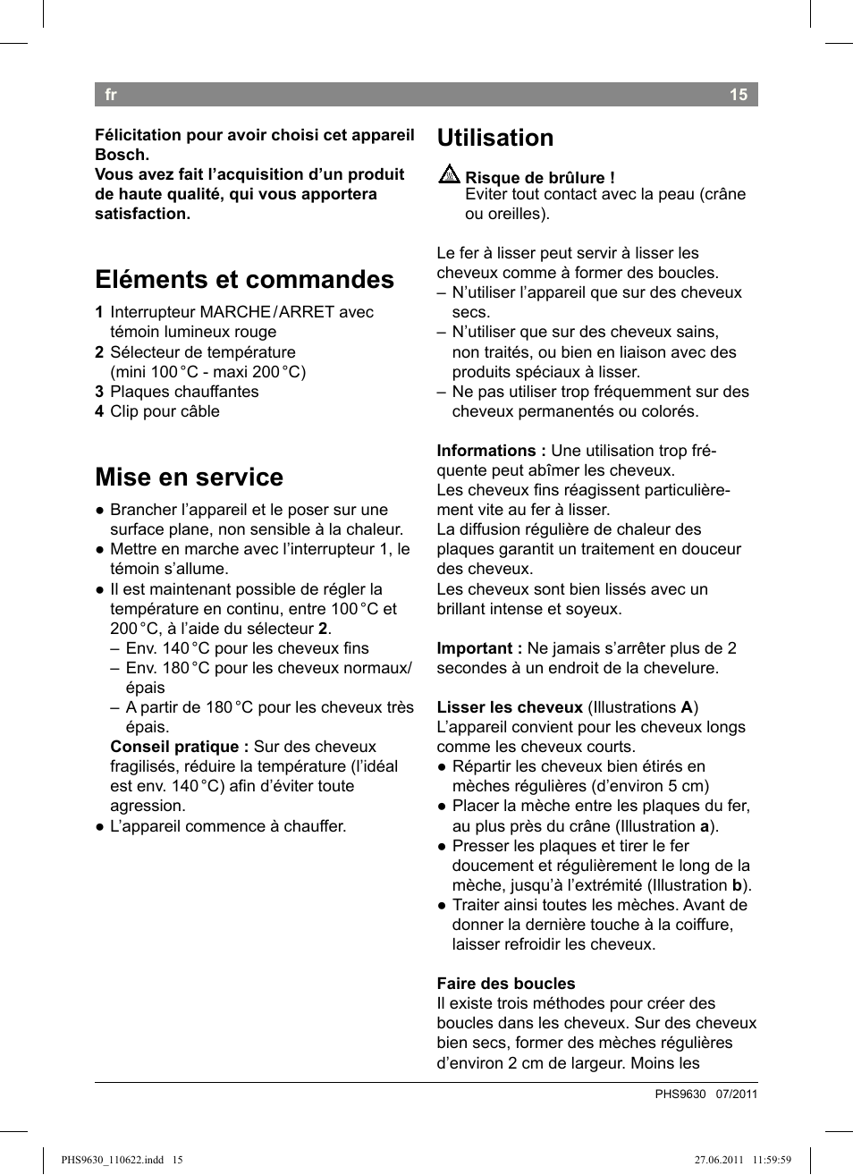 Eléments et commandes, Mise en service, Utilisation | Bosch PHS9630 Haarglätter ProSalon Curl Straight User Manual | Page 19 / 104