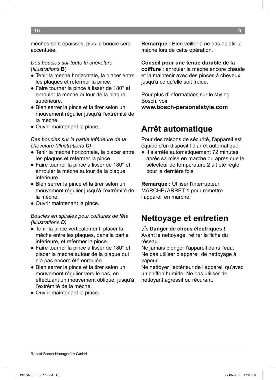 Arrêt automatique, Nettoyage et entretien | Bosch PHS9630 Haarglätter ProSalon Curl Straight User Manual | Page 20 / 104