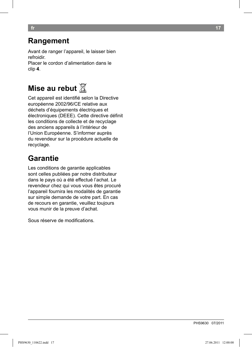 Rangement, Mise au rebut, Garantie | Bosch PHS9630 Haarglätter ProSalon Curl Straight User Manual | Page 21 / 104