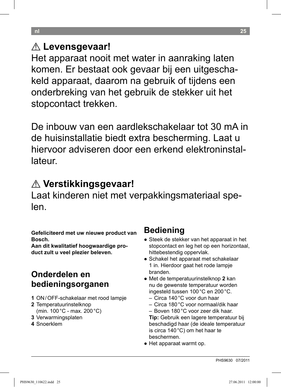 Onderdelen en bedieningsorganen, Bediening | Bosch PHS9630 Haarglätter ProSalon Curl Straight User Manual | Page 29 / 104