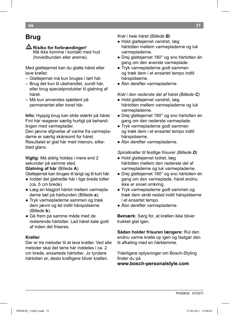 Brug | Bosch PHS9630 Haarglätter ProSalon Curl Straight User Manual | Page 35 / 104