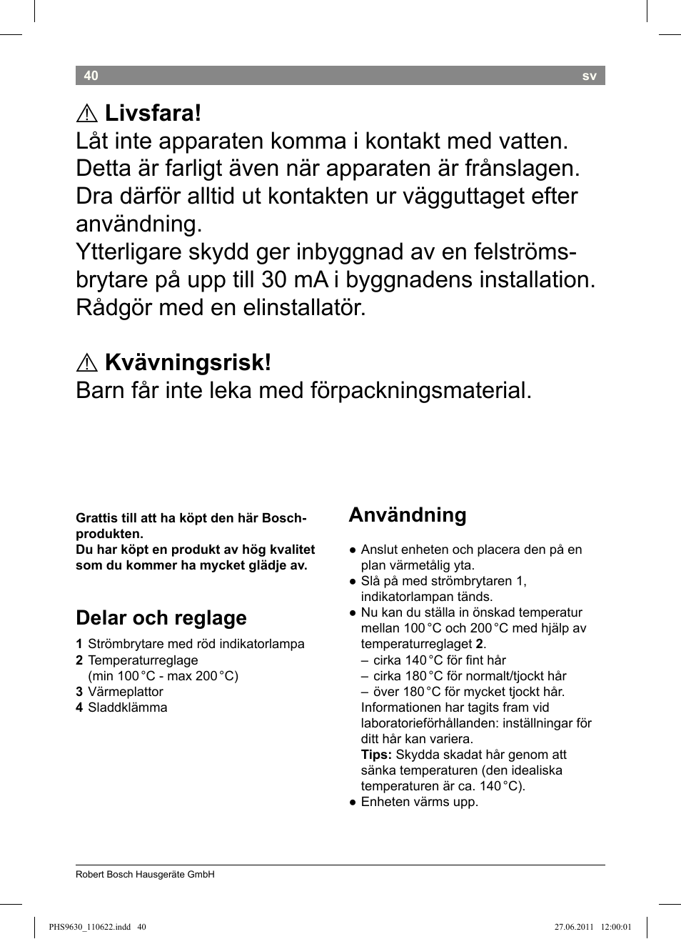 Delar och reglage, Användning | Bosch PHS9630 Haarglätter ProSalon Curl Straight User Manual | Page 44 / 104