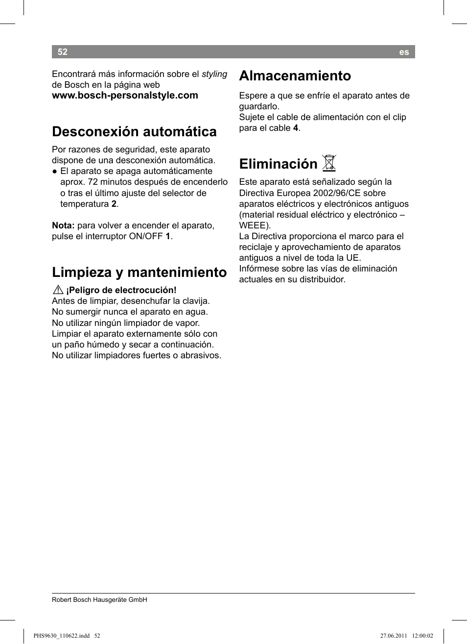 Desconexión automática, Limpieza y mantenimiento, Almacenamiento | Eliminación | Bosch PHS9630 Haarglätter ProSalon Curl Straight User Manual | Page 56 / 104