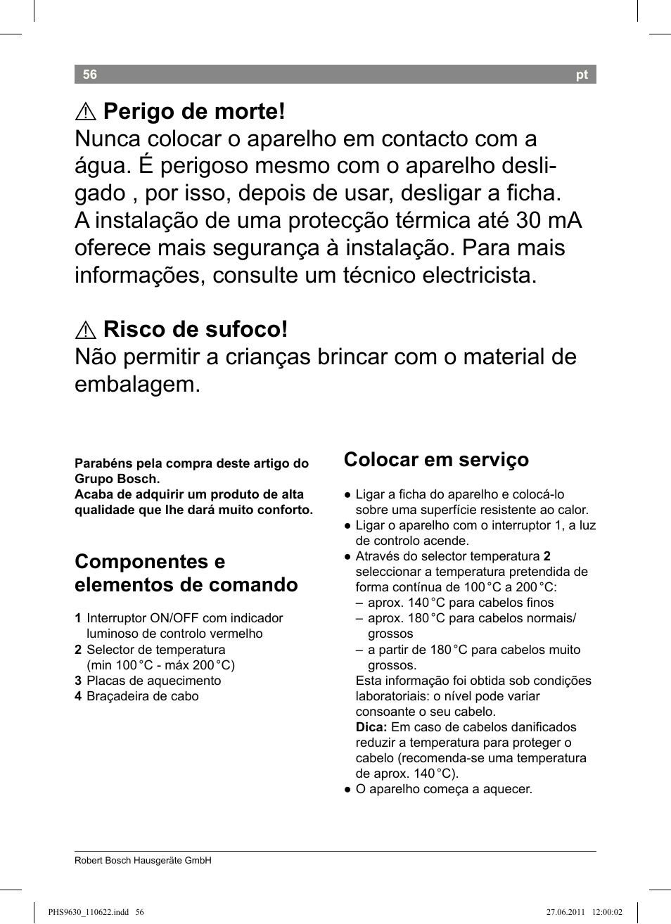 Componentes e elementos de comando, Colocar em serviço | Bosch PHS9630 Haarglätter ProSalon Curl Straight User Manual | Page 60 / 104