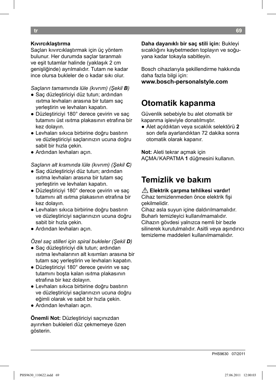 Otomatik kapanma, Temizlik ve bakım | Bosch PHS9630 Haarglätter ProSalon Curl Straight User Manual | Page 73 / 104