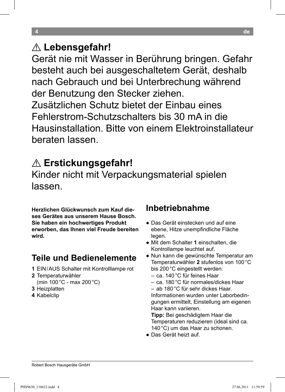 Teile und bedienelemente, Inbetriebnahme | Bosch PHS9630 Haarglätter ProSalon Curl Straight User Manual | Page 8 / 104