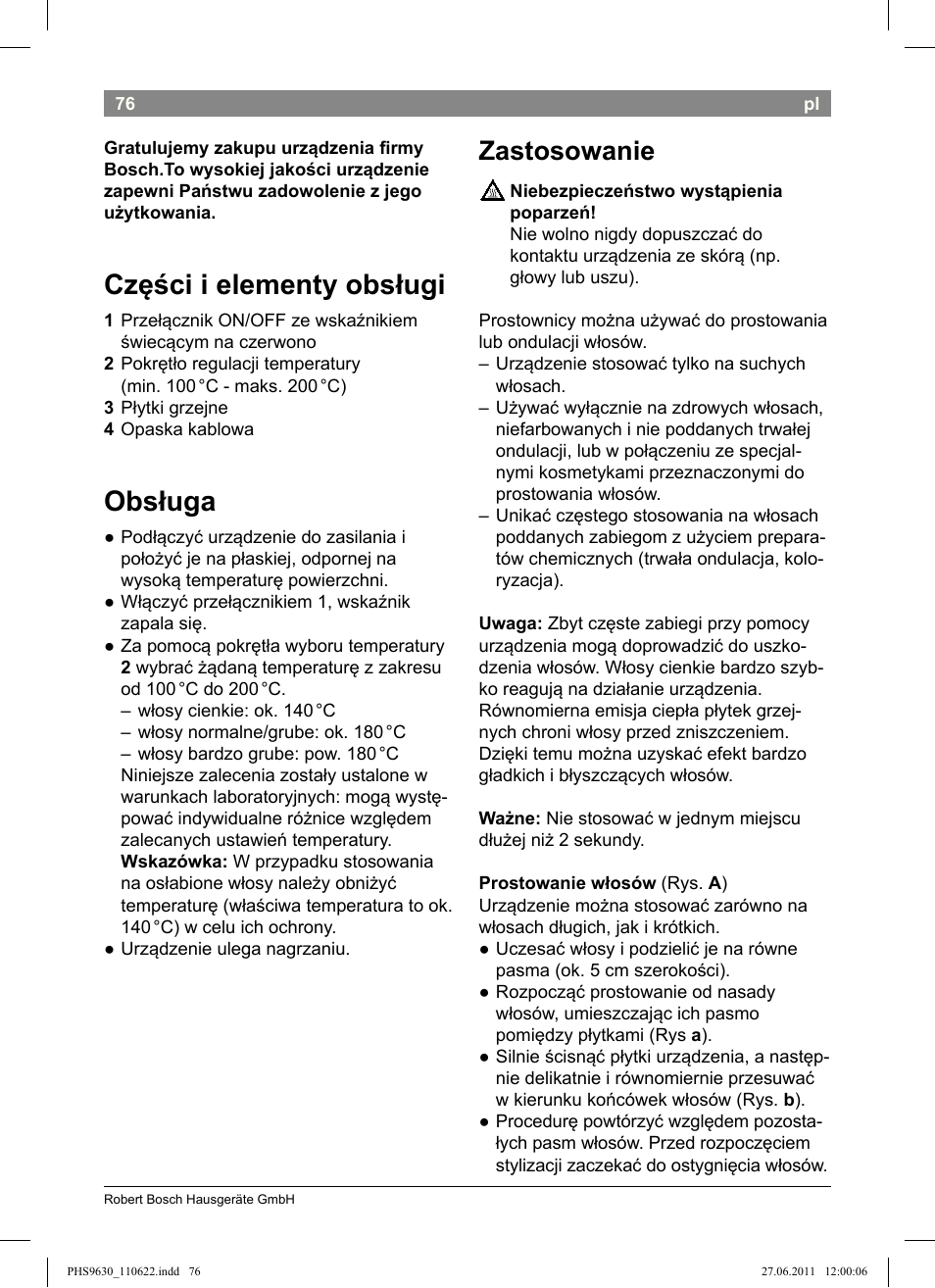 Części i elementy obsługi, Obsługa, Zastosowanie | Bosch PHS9630 Haarglätter ProSalon Curl Straight User Manual | Page 80 / 104