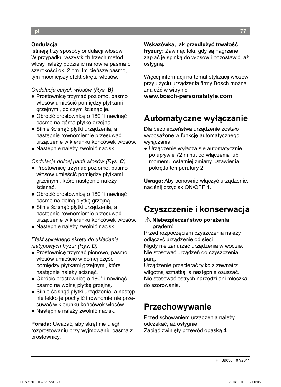 Automatyczne wyłączanie, Czyszczenie i konserwacja, Przechowywanie | Bosch PHS9630 Haarglätter ProSalon Curl Straight User Manual | Page 81 / 104