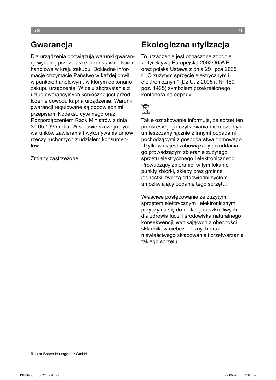 Gwarancja, Ekologiczna utylizacja | Bosch PHS9630 Haarglätter ProSalon Curl Straight User Manual | Page 82 / 104