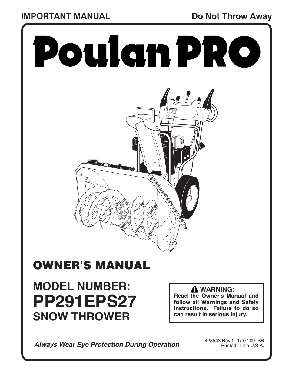 Poulan Pro PP291EPS27 SNOW THROWER User Manual | 44 pages