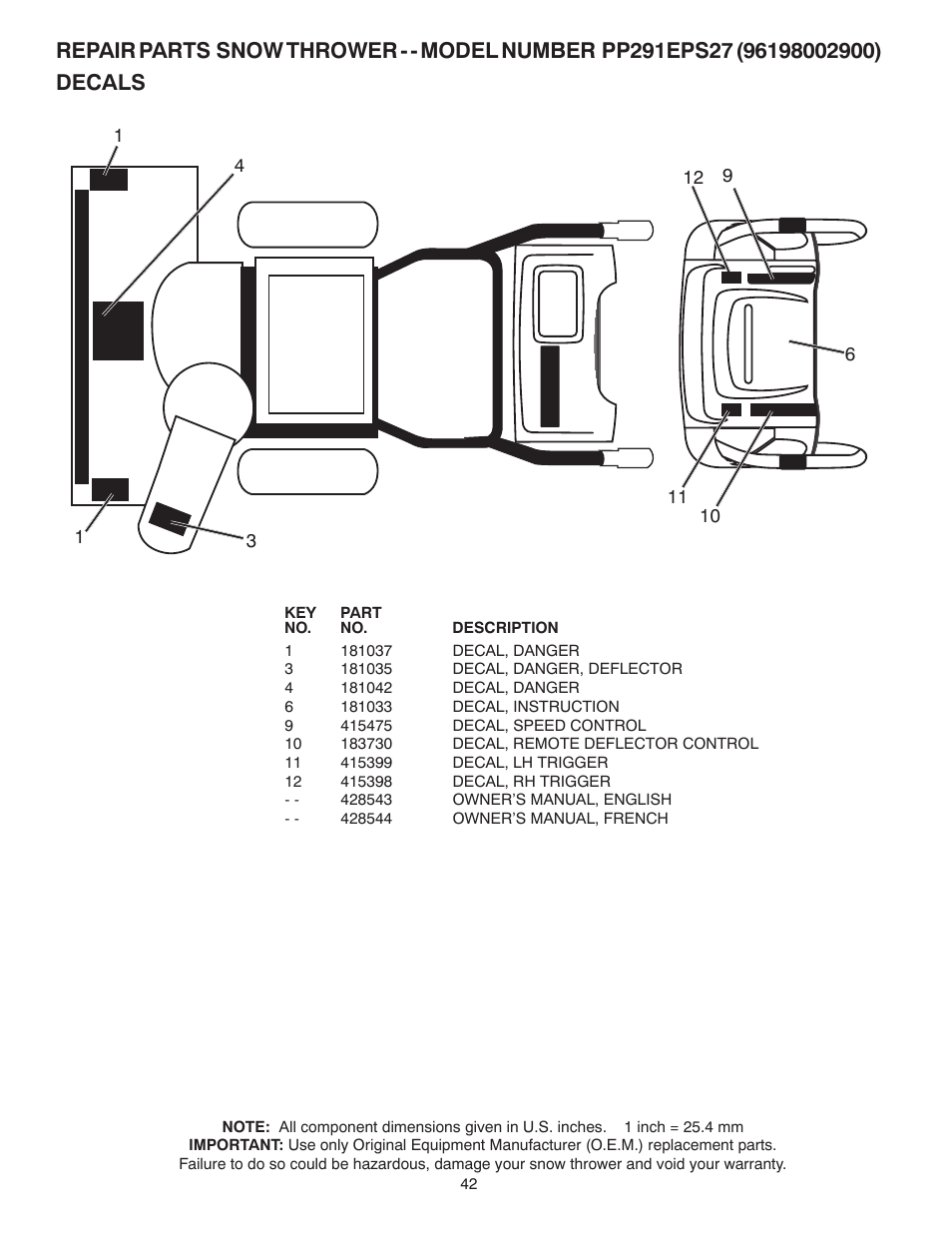 Poulan Pro PP291EPS27 SNOW THROWER User Manual | Page 42 / 44