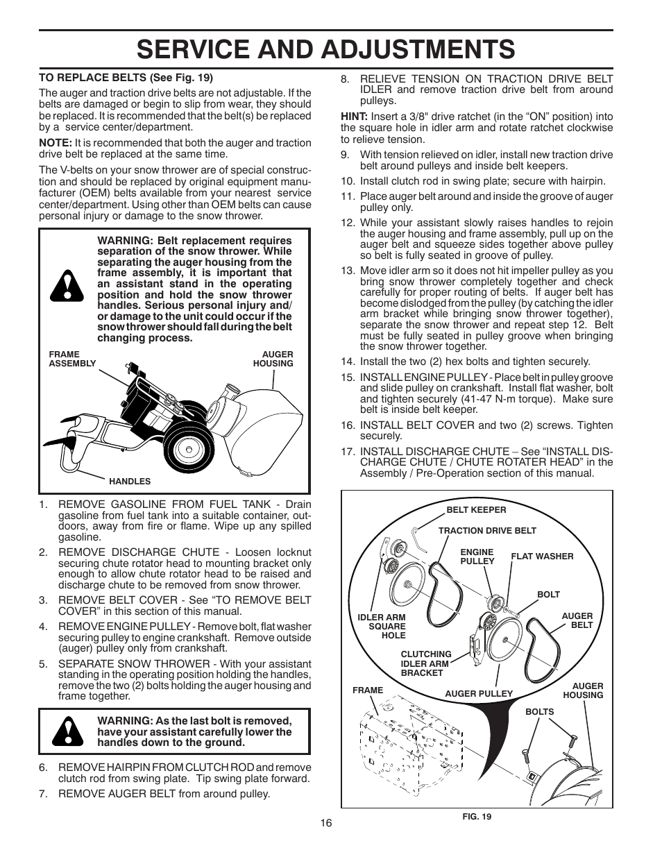 Service and adjustments | Poulan Pro XT827ES SNOW THROWER User Manual | Page 16 / 40