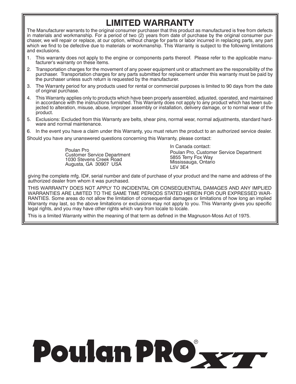 Limited warranty | Poulan Pro XT827ES SNOW THROWER User Manual | Page 40 / 40