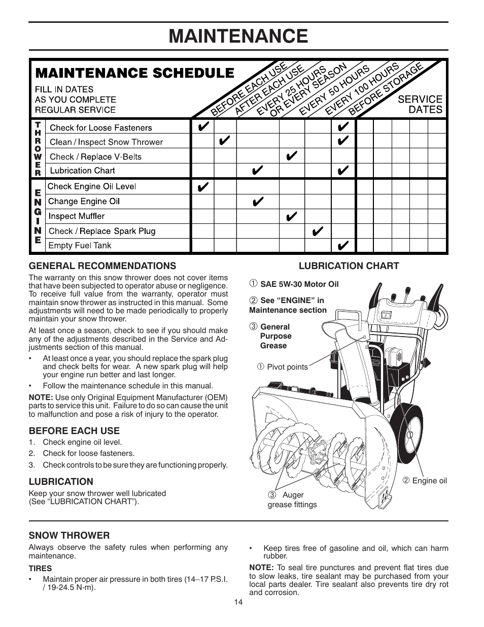 Maintenance | Poulan Pro PP1150E27 SNOW THROWER User Manual | Page 14 / 44
