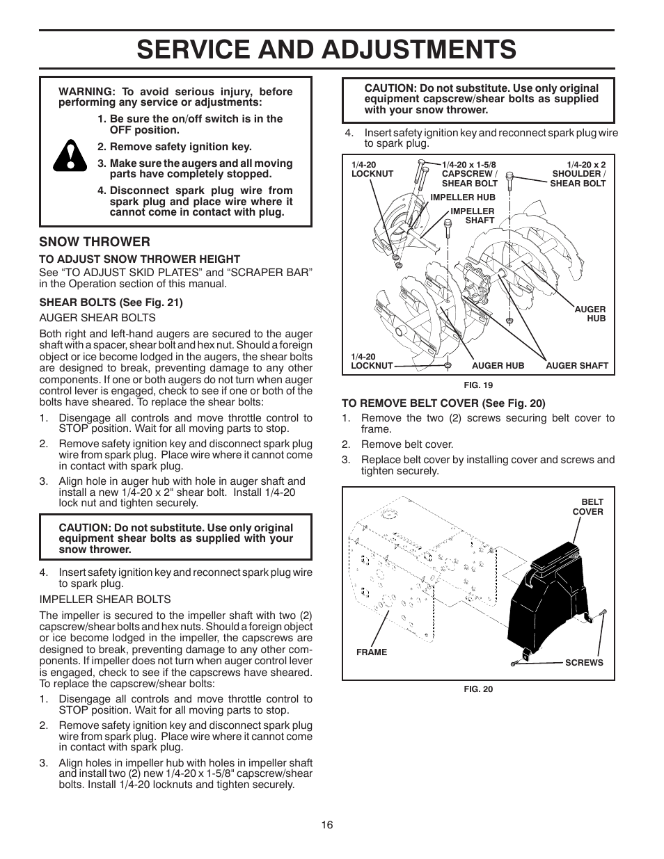 Service and adjustments, Snow thrower | Poulan Pro PP1150E27 SNOW THROWER User Manual | Page 16 / 44