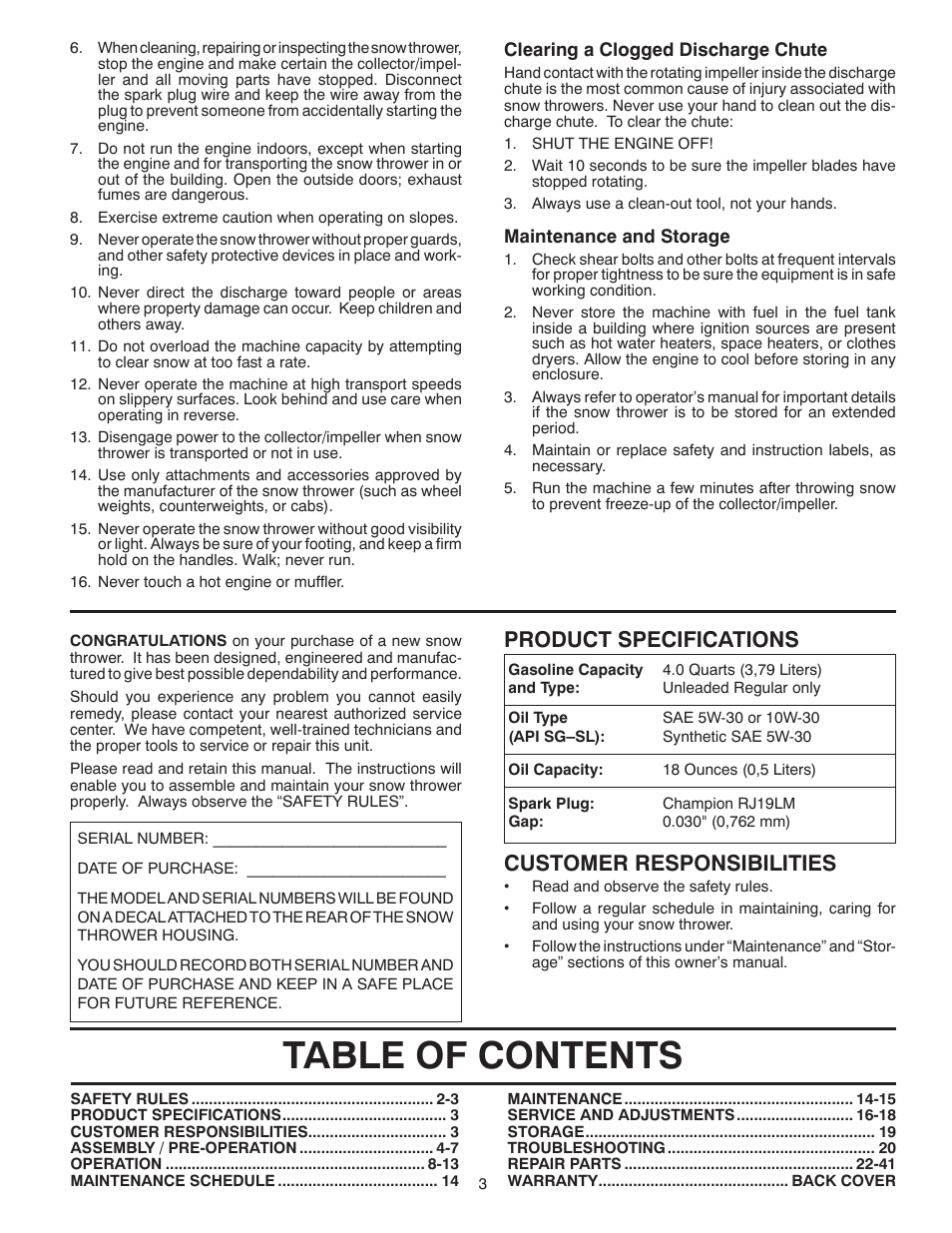 Poulan Pro PP1150E27 SNOW THROWER User Manual | Page 3 / 44